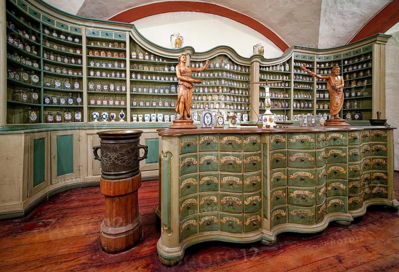 Monastery pharmacy of the Benedictine monastery in Schwarzach, German Pharmacy Museum in Heidelberg Castle, Heidelberg, Baden-Wuerttemberg, Germany, Europe