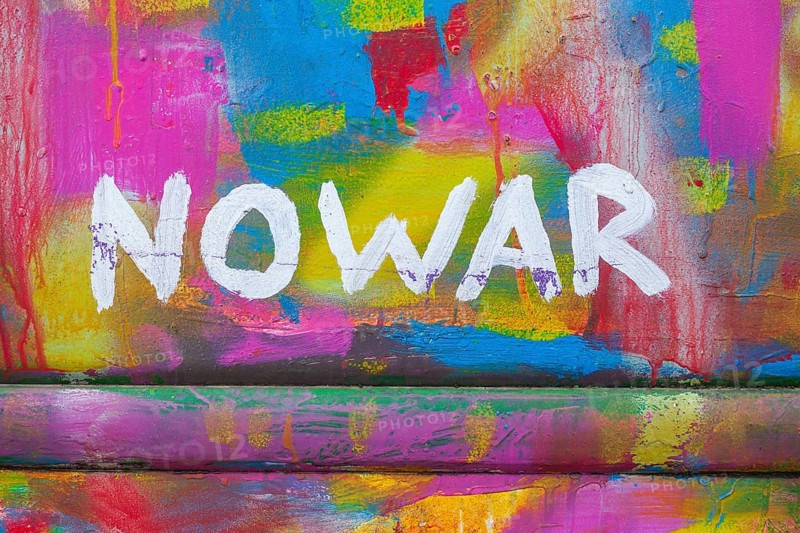 Lettering No War, kein Krieg, colourfully painted vintage car, colour surface, Germany, Europe