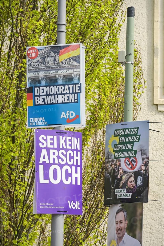 Volt, AfD, The Greens, election posters for the 2024 European elections, Berlin, Germany, Europe