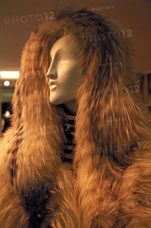 Fashion mannequin with modern fur hat (fashion department) of the Victoria & Albert Museum, 1-5 Exhibition Rd, London, England, Great Britain