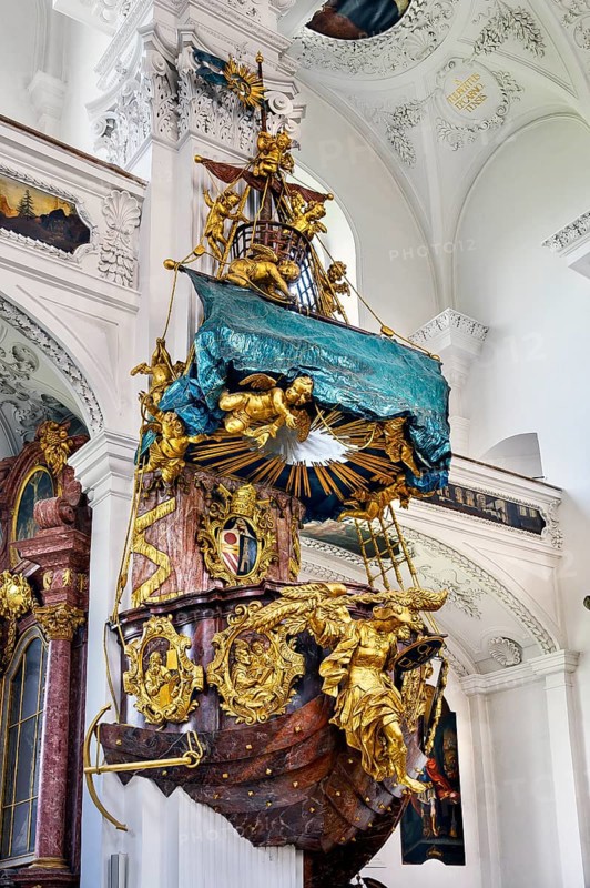 The pulpit, former monastery church of St. Peter and Paul, Irsee monastery or abbey, former Benedictine abbey, is now a conference and education centre of the district of Swabia, Irsee, Swabia, Bavaria, Germany, Europe