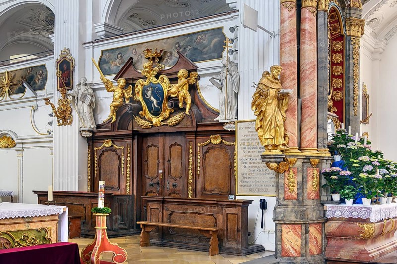 Choir stalls and gallery, former monastery church of St. Peter and Paul, Irsee monastery or abbey, former Benedictine abbey, today a conference and education centre of the district of Swabia, Irsee, Swabia, Bavaria, Germany, Europe