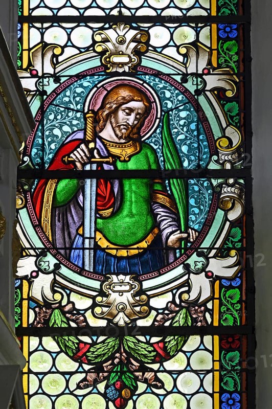 Colourful stained glass window, St. Theodorus, Kronburg branch church, Kronburg, Allgaeu, Swabia, Bavaria, Germany, Europe