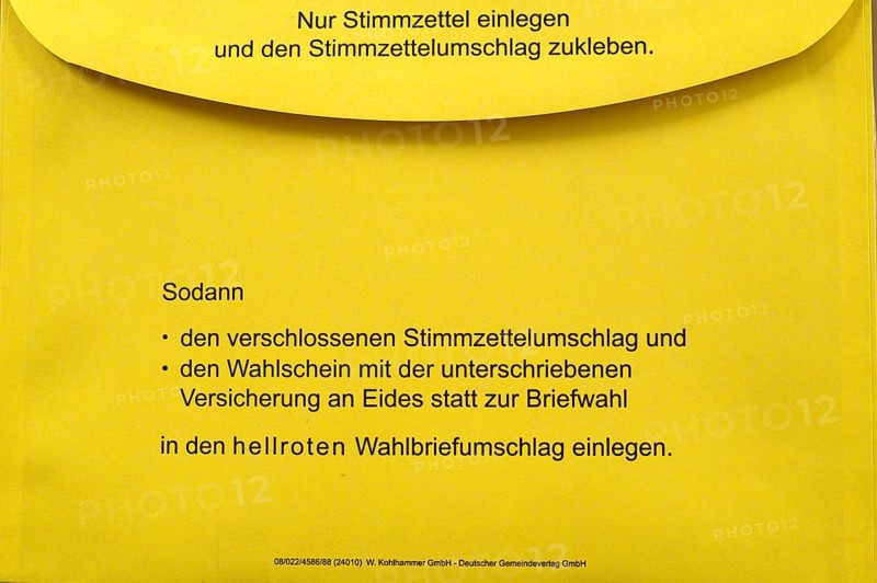 Ballot paper envelope, yellow, instruction, ballot paper envelope, postal vote, official postal voting documents, election, parliamentary election, European election, Stuttgart, Baden-Wuerttemberg, Germany, Europe