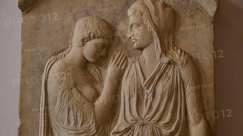 Krito and Timarista, close-up of an ancient bas-relief, two woman in classical dress, intimate gesture, interiors, Archaeological Museum, Old Town, Rhodes Town, Rhodes, Dodecanese, Greek Islands, Greece, Europe
