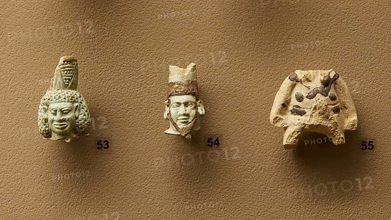 Eastern Greek or Rhodian workshop, Three ancient stone masks in detail view on a wall, interiors, Archaeological Museum, Old Town, Rhodes Town, Rhodes, Dodecanese, Greek Islands, Greece, Europe