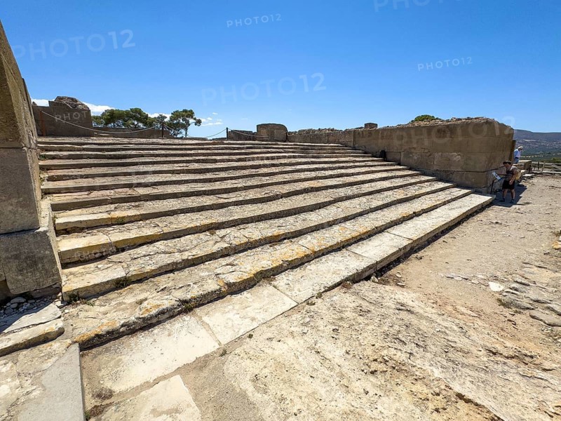 View of Propylaea monumental grand staircase grand staircase former staircase to in front of ancient palace of Phaistos in archaeological site on hill of Phaistos of Minoan culture of pre-Greek people Minoans in antiquity, Kamilari, Crete, Greece, Europe