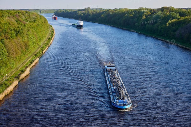 Shipping traffic on the Kiel Canal near Beldorf, Rendsburg-Eckernfoerde district, Schleswig-Holstein, Germany, Europe