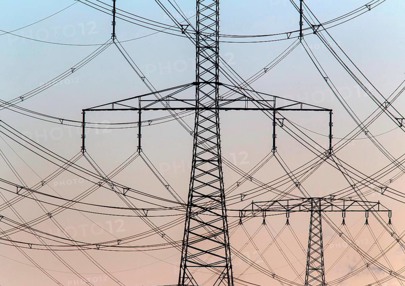 Power lines and pylons on 09 December 2014 in Jaenschwalde, Jaenschwalde, Brandenburg, Germany, Europe