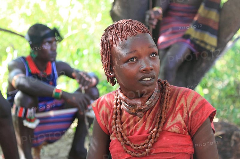 South Ethiopia, Omo region, among the Hamar tribe, Hamer, Hamma, Hammer, Amar or Amer, woman in the run-up to the initiation ritual, the bull leap, Hamer girls with ochre-coloured hair, little tongues, Ethiopia, Africa