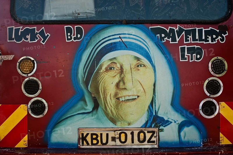 Decorated public transport called matatu, Mother Teresa, Nairobi, Kenya, Africa