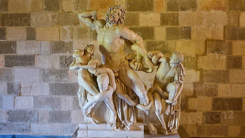 Copy of the Laocoon Group, marble sculpture depicting a dynamic mythological battle, interior view, Grand Master's Palace, Knights' Town, Rhodes Town, Rhodes, Dodecanese, Greek Islands, Greece, Europe