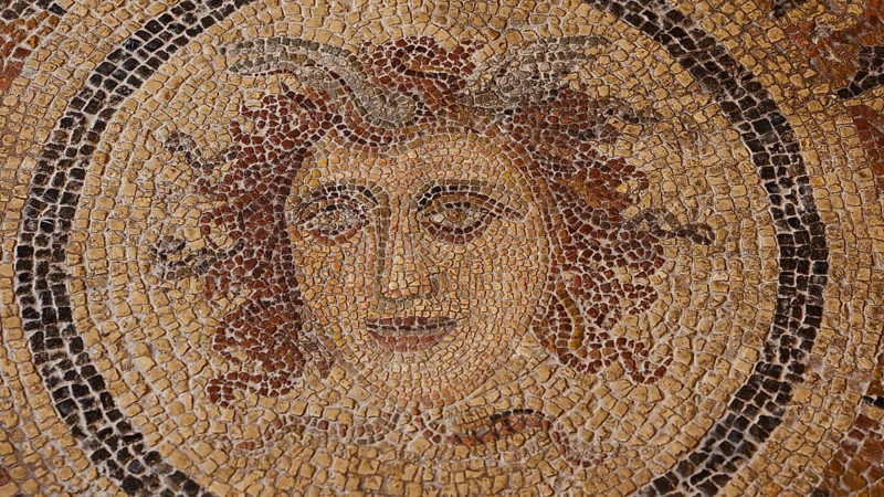 Detailed and artistic antique mosaic of a female face surrounded by plants, head of Medusa, interior view, Grand Master's Palace, Knights' Town, Rhodes Town, Rhodes, Dodecanese, Greek Islands, Greece, Europe