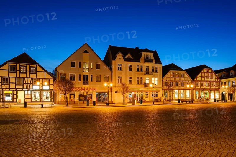 Illuminated buildings at the market, Neuer Markt, Blue Hour, Waren, Mueritz, Mecklenburg Lake District, Mecklenburg, Mecklenburg-Western Pomerania, Germany, Europe