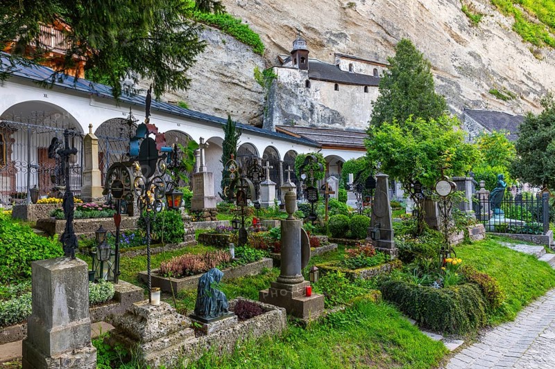 Graves and crypt arcades at St Peter's Cemetery, Kreuzkapelle, City of Salzburg, Province of Salzburg, Austria, Europe