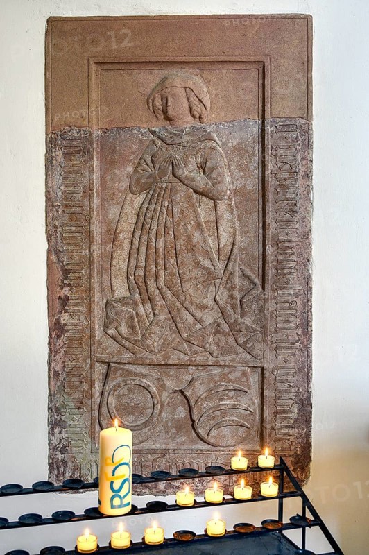Epitaph, relief with sacrificial candles, woman's gestures, former monastery church of St. Peter and Paul, Irsee monastery or abbey, former Benedictine abbey, today a conference and education centre of the district of Swabia, Irsee, Swabia, Bavaria, Germany, Europe