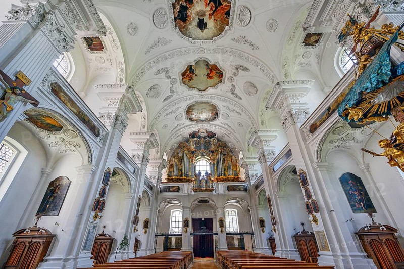 Organ loft, former monastery church of St. Peter and Paul, Irsee monastery or abbey, former Benedictine abbey, is now a conference and education centre of the district of Swabia, Irsee, Swabia, Bavaria, Germany, Europe