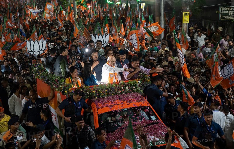 Union Home Minister and Bharatiya Janata Party (BJP) leader Amit Shah participate in a roadshow as he campaign ahead of third phase of General Elections, in Guwahati, Assam, India on 29 April 2024