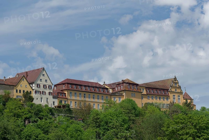 View of the old town and the castle in Kirchberg an der Jagst, Jagsttal, Jagststeig, Schwaebisch Hall, Hohenlohe, Heilbronn-Franken, Baden-Wuerttemberg, Germany, Europe