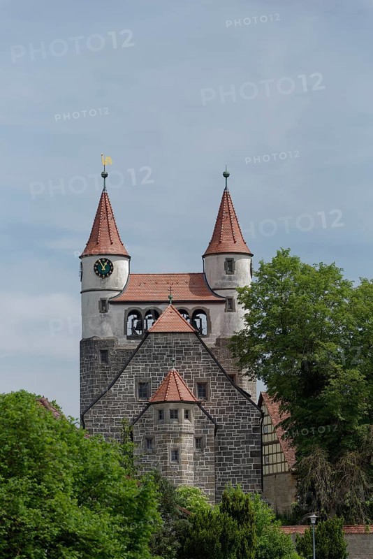 Art Nouveau church in Gaggstatt, Art Nouveau, Kirchberg-Gaggstatt, church, church tower, tower, Jagsttal, Jagst, Hohenlohe-Franken, Hohenlohe, Heilbronn-Franken, Baden-Wuerttemberg, Germany, Europe