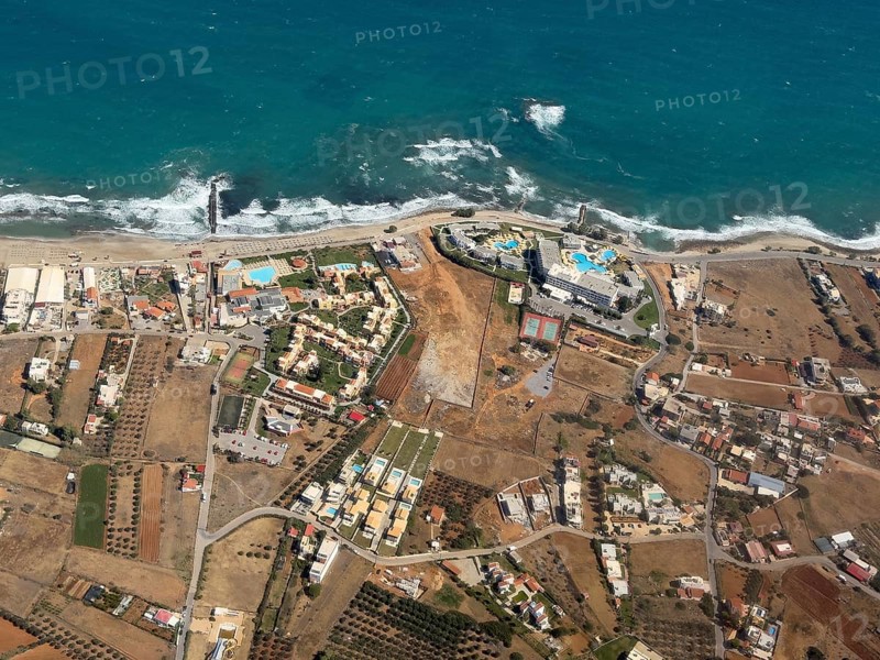 Aerial view of beach sea beach section with hotel complexes near Heraklion, Heraklion, Crete, Greece, Europe