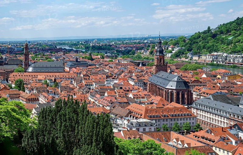 View of Heidelberg with the Jesuit Church and the Heiliggeistkirche, Heidelberg, Baden-Wuerttemberg, Germany, Europe
