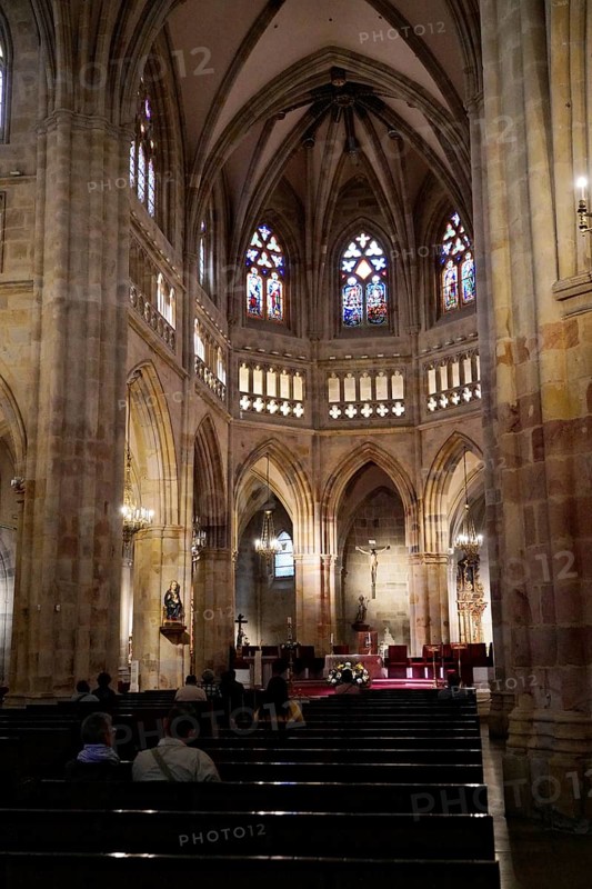 Cathedral, Old Town, Bilbao, Basque Country, Spain, Europe, Gothic church interior with stained glass windows, altar and pews, Europe