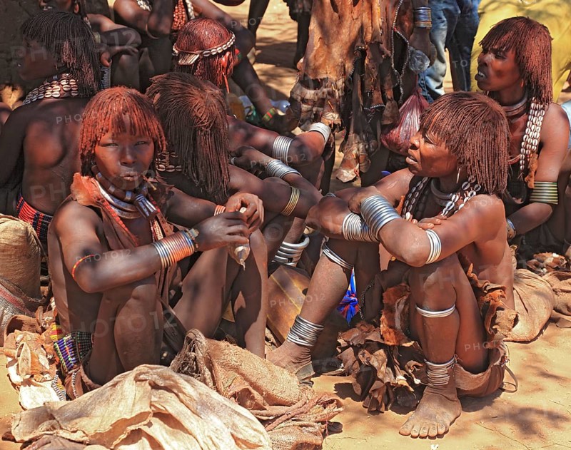 South Ethiopia, Omo region, in the village of Turmi, young girls from the Hamar, Hamer, Hamma, Hammer, Amar or Amer tribe, Ethiopia, Africa