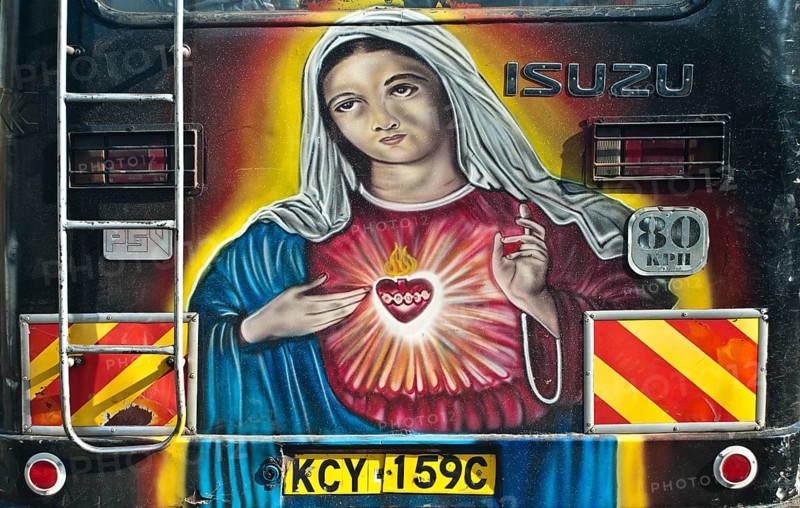 Decorated public transport called matatu, Virgin Mary, Nairobi, kenya