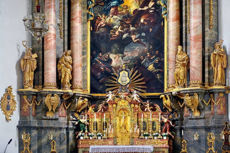 Main altar, former monastery church of St. Peter and Paul, Irsee monastery or abbey, former Benedictine abbey, is now a conference and education centre of the district of Swabia, Irsee, Swabia, Bavaria, Germany, Europe