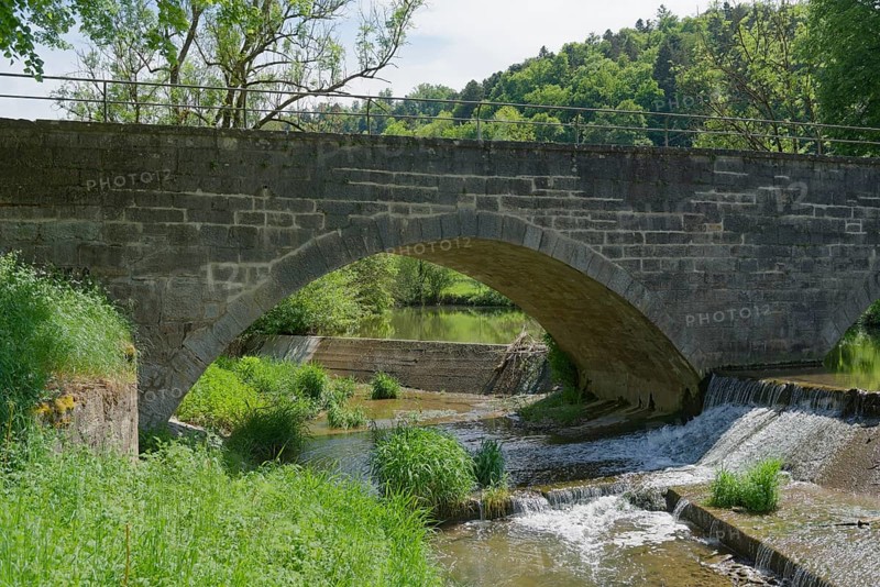 Stone bridge in Buehlertal, Buehler, river, bridge, Unterscheffach, Schwaebisch Hall, Hohenlohe, Heilbronn-Franken, Baden-Wuerttemberg, Germany, Europe