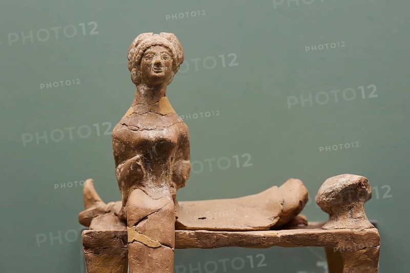 Antique terracotta statue of a woman, in detail view, interiors, Archaeological Museum, Old Town, Rhodes Town, Rhodes, Dodecanese, Greek Islands, Greece, Europe