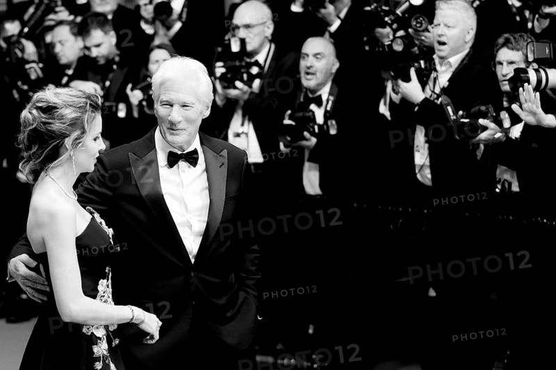Cannes, France, 17.5.2024: Richard Gere and Alejandra Silva at the premiere of Oh, Canada on the red carpet of the Palais des Festivals during the 77th Cannes International Film Festival. The 77th Cannes International Film Festival will take place from 14 to 25 May 2024. Note: the photo was subsequently converted to b/w, Europe