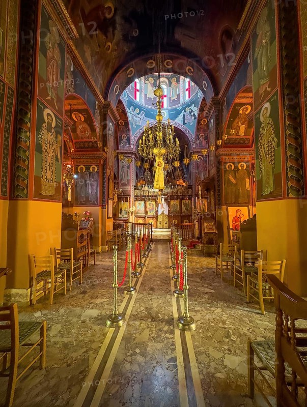 Chancel interior of orthodox church with in the background chandelier chandelier under dome of monastery church Zoodochos Pege in Byzantine style from 14th century in today's nunnery monastery of Panagia Kalyviani Kaliviani, Faneromeni, Tymbaki, Crete, Greece, Europe
