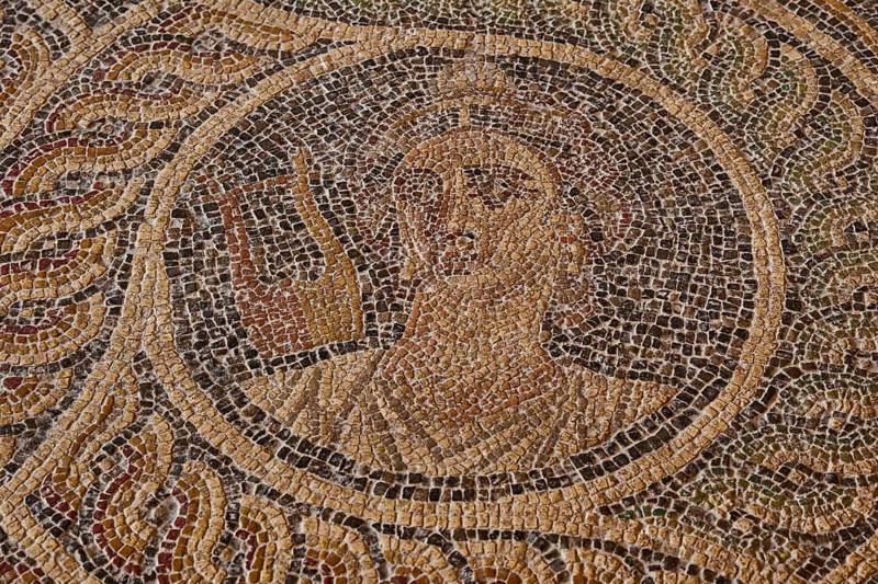 Erato, the muse of love poetry, zither, one of the nine muses, mosaic art with a person showing a gesture embedded in a circular pattern, interior view, Grand Master's Palace, Knights' Town, Rhodes Town, Rhodes, Dodecanese, Greek Islands, Greece, Europe