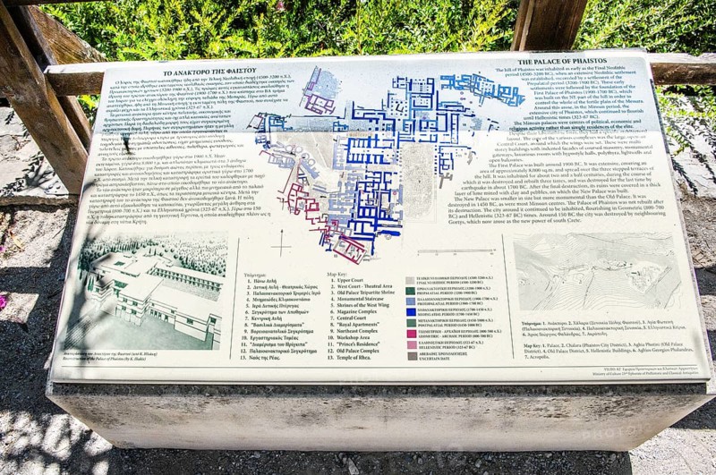Tourist information board to the hill of Phaistos, plan of excavation site of settlement palace from Minoan period culture of Minoans, bottom left on display board picture depicting reconstruction of palace of Phaistos in the time of antiquity, Kamilari, Crete, Greece, Europe