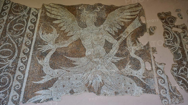 Antique mosaic of a winged creature, sea god Triton, damaged, shows detailed mythological depiction, outdoor area, Archaeological Museum, Old Town, Rhodes Town, Rhodes, Dodecanese, Greek Islands, Greece, Europe