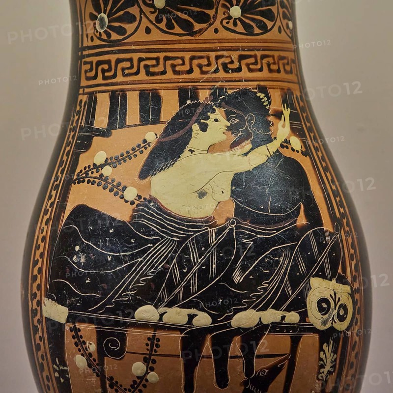Antique Greek vase with picture of lovers in an intimate embrace, dog under the table, interiors, Archaeological Museum, Old Town, Rhodes Town, Rhodes, Dodecanese, Greek Islands, Greece, Europe