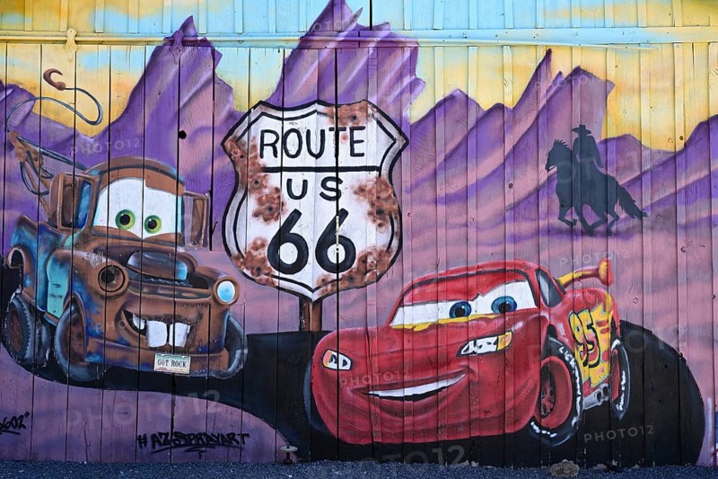 Mural with Lightning McQueen and Mater, two characters from the animated film Cars on Route 66, Holbrook, Arizona