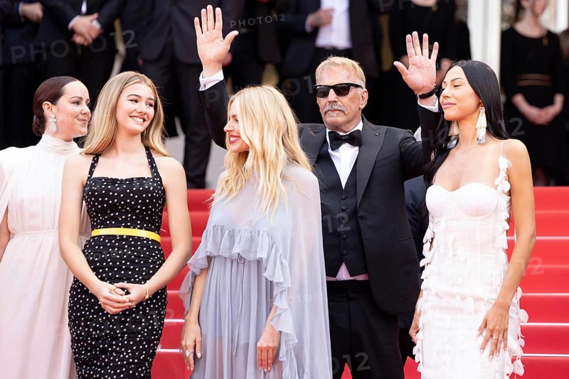Cannes, France, 14.5.2024: Jena Malone, Georgia MacPhail, Sienna Miller, Kevin Costner, Wase Chief and Ella Hunt at the premiere of Horizon: An American Saga on the red carpet of the Palais des Festivals during the 77th Cannes International Film Festival. The 77th Cannes International Film Festival will take place from 14 to 25 May 2024, Europe