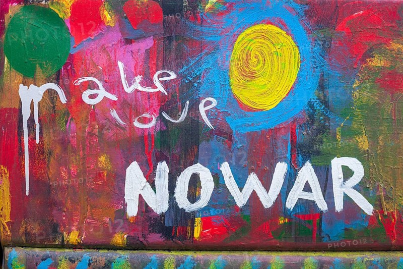 Lettering make Love No War, no war, colourfully painted vintage car, colour surface, Germany, Europe