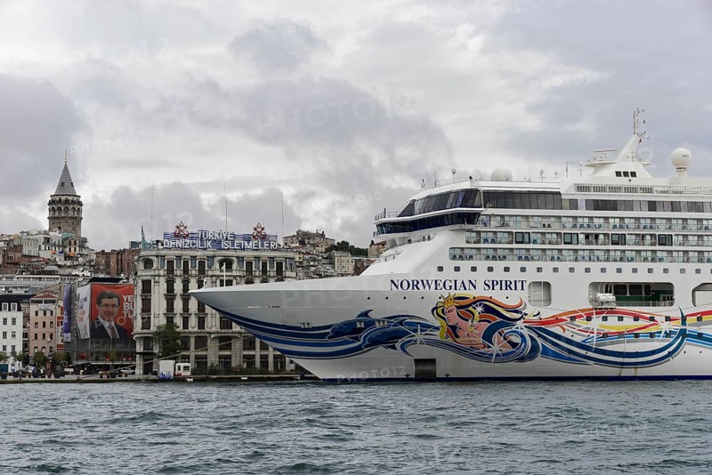 Close-up of the cruise ship 'Norwegian Spirit' in front of the silhouette of the Galata Tower, Istanbul, Istanbul Province, Turkey, Asia