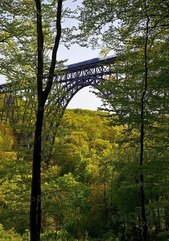 View from the forest to the Muengsten Bridge with railway, the highest railway bridge in Germany between Solingen and Remscheid