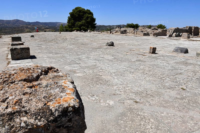 View of central square courtyard open space court part of settlement of Phaistos left at the edge of the picture foundation walls masonry ground find of Minoan culture of pre-Greek people Minoans in antiquity, Kamilari, Crete, Greece, Europe