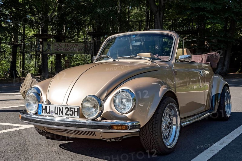 Oldtimer Volkswagen VW Beetle Cabriolet, convertible, restored, refined, number plate changed, car park summit mountain Hoherodskopf, Schotten, nature park volcanic region Vogelsberg, Hesse, Germany, Europe