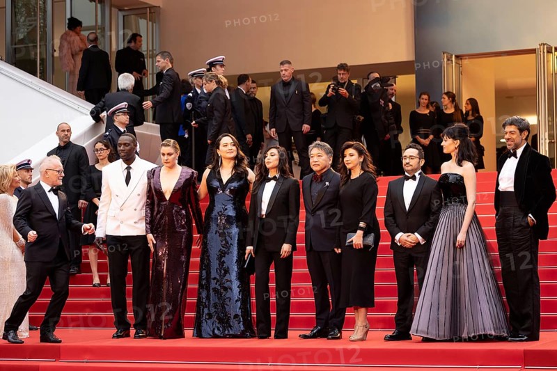 Cannes, France, 14.5.2024: Omar Sy, Greta Gerwig, Lily Gladstone, Nadine Labaki, Hirokazu Kore-eda, Ebru Ceylan, Juan Antonio Bayona, Eva Green and Pierfrancesco Favino during the opening of the 77th Cannes International Film Festival on the red carpet of the Palais des Festivals with the opening film Le Deuxieme Acte (The Second Act) . The 77th Cannes International Film Festival will take place from 14 to 25 May 2024, Europe