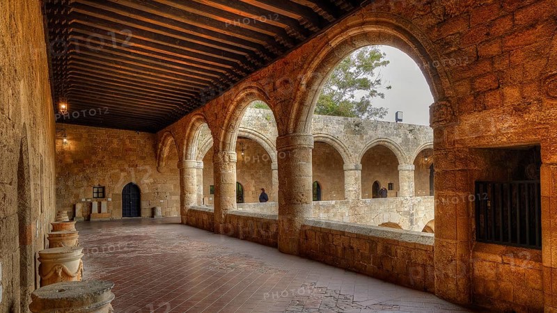 HDR image, Arcades of a stone monastery with medieval architecture, illuminated by sunlight, outdoor area, Archaeological Museum, Old Town, Rhodes Town, Rhodes, Dodecanese, Greek Islands, Greece, Europe