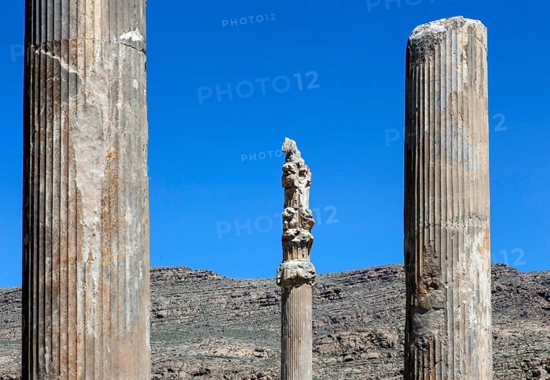 View of the ruins of Persepolis. The ancient Persian residential city of Persepolis was one of the capitals of the ancient Persian Empire under the Achaemenids and was founded by Darius I in the Persis region in 520 B.C., Persepolis, Iran, Asia