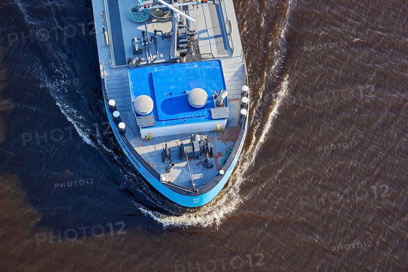 Bird's eye view of the bow of the tanker Imke Deymann on the Kiel Canal near Beldorf, Rendsburg-Eckernfoerde district, Schleswig-Holstein, Germany, Europe