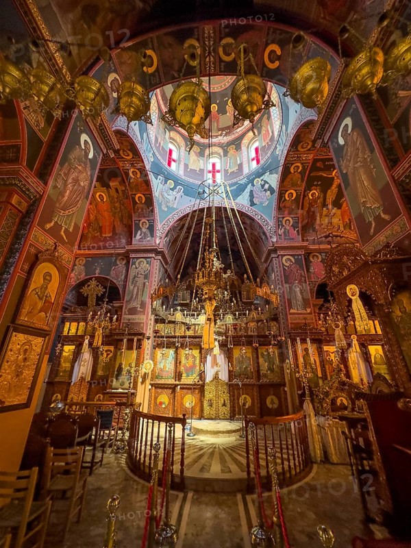 Chancel interior of orthodox church with in the background chandelier chandelier under dome of monastery church Zoodochos Pege in Byzantine style from 14th century in today's nunnery monastery of Panagia Kalyviani Kaliviani, Faneromeni, Tymbaki, Crete, Greece, Europe